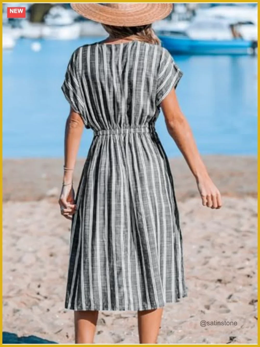 CUPSHE Women Beach Cover Up V Neck Short Sleeve Striped Midi Swimsuit Coverup